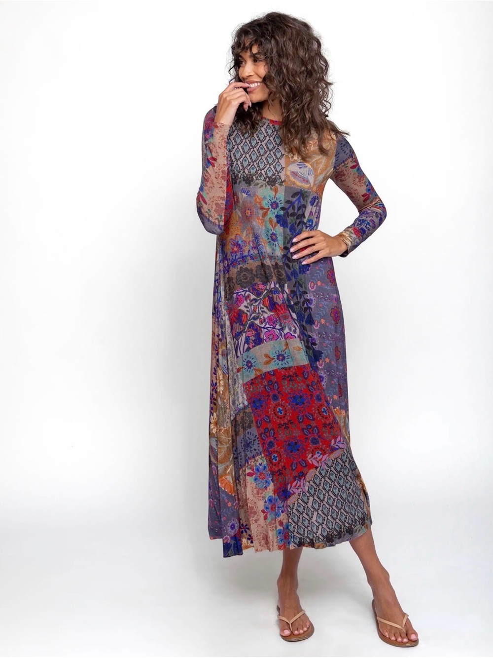 NATURAL LIFE Stevie ButterSoft Maxi Dress Blue Patchwork Long Sleeve XL Pockets - Picture 2 of 10